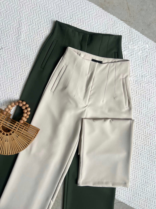 Pantalón Tiro Alto Pinzas Olivo