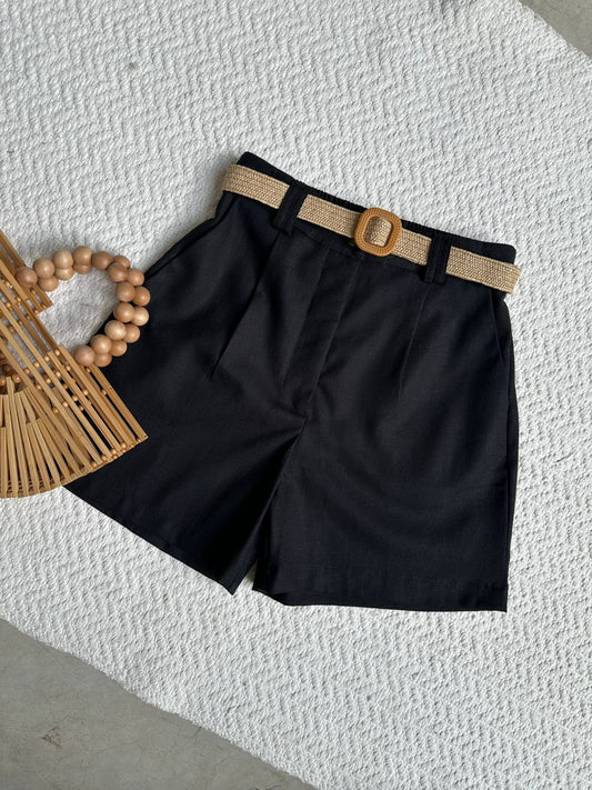 Short Lino Doble Presilla c/cinturón rafia Negro